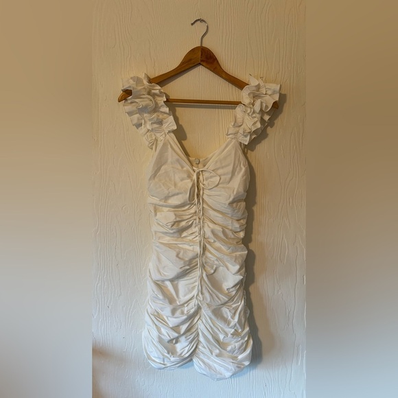 ZARA NWT White Draped Ruched Linen Ruffle Strap Contour Bodycon Tie Mini Dress - Picture 4 of 17